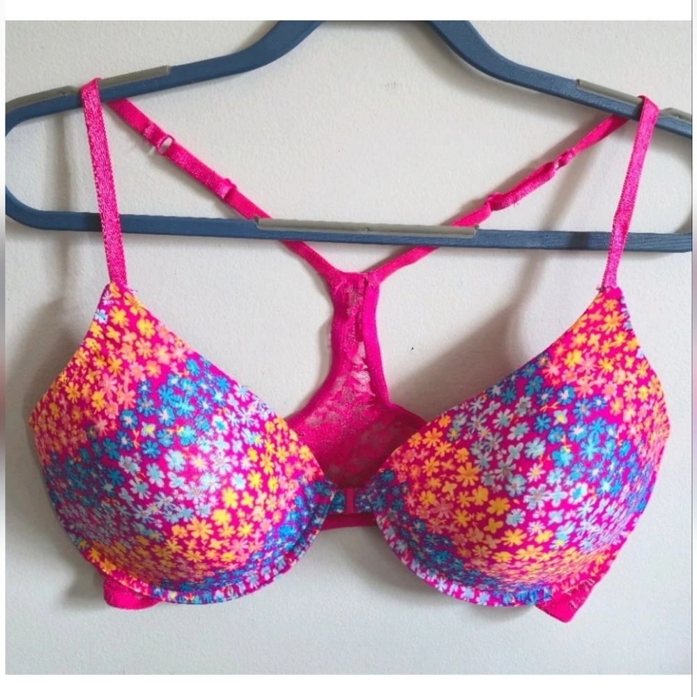 Joe Boxer Push Up Bra 38DD Pink Floral Lace Racerback Underwire Adjustable